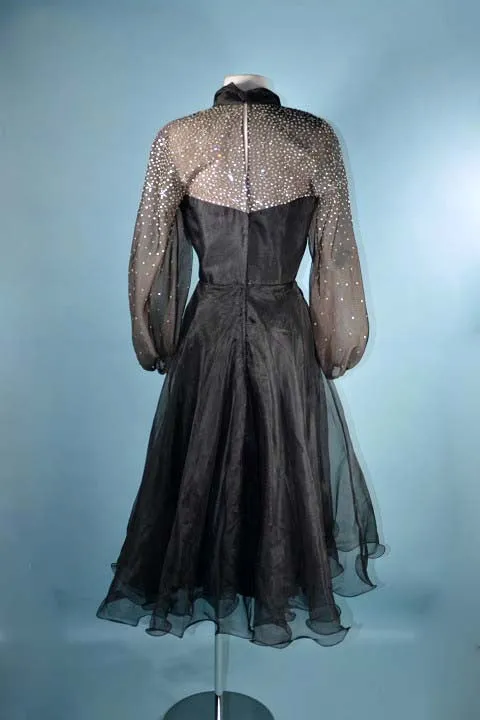 Vintage 50s Black Party Dress Sheer Full Sleeves   Rhinestones, 25" Waist  XS/S