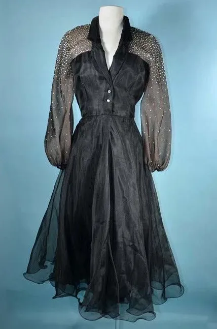 Vintage 50s Black Party Dress Sheer Full Sleeves   Rhinestones, 25" Waist  XS/S