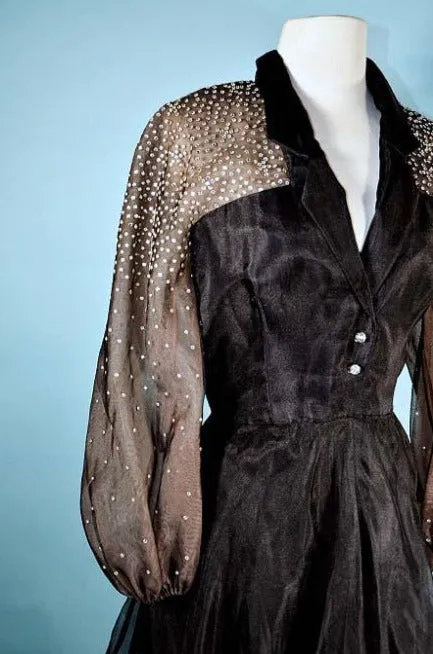 Vintage 50s Black Party Dress Sheer Full Sleeves   Rhinestones, 25" Waist  XS/S