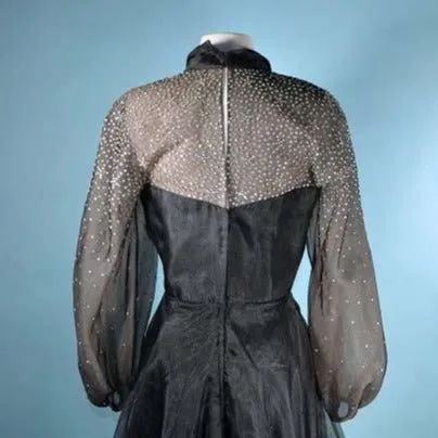 Vintage 50s Black Party Dress Sheer Full Sleeves   Rhinestones, 25" Waist  XS/S