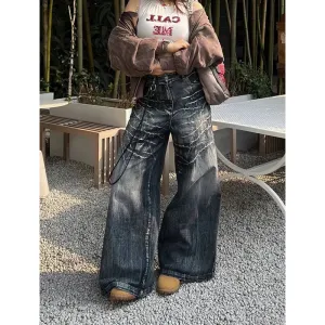 Vintage Black Gray High Waist Straight Baggy Jeans