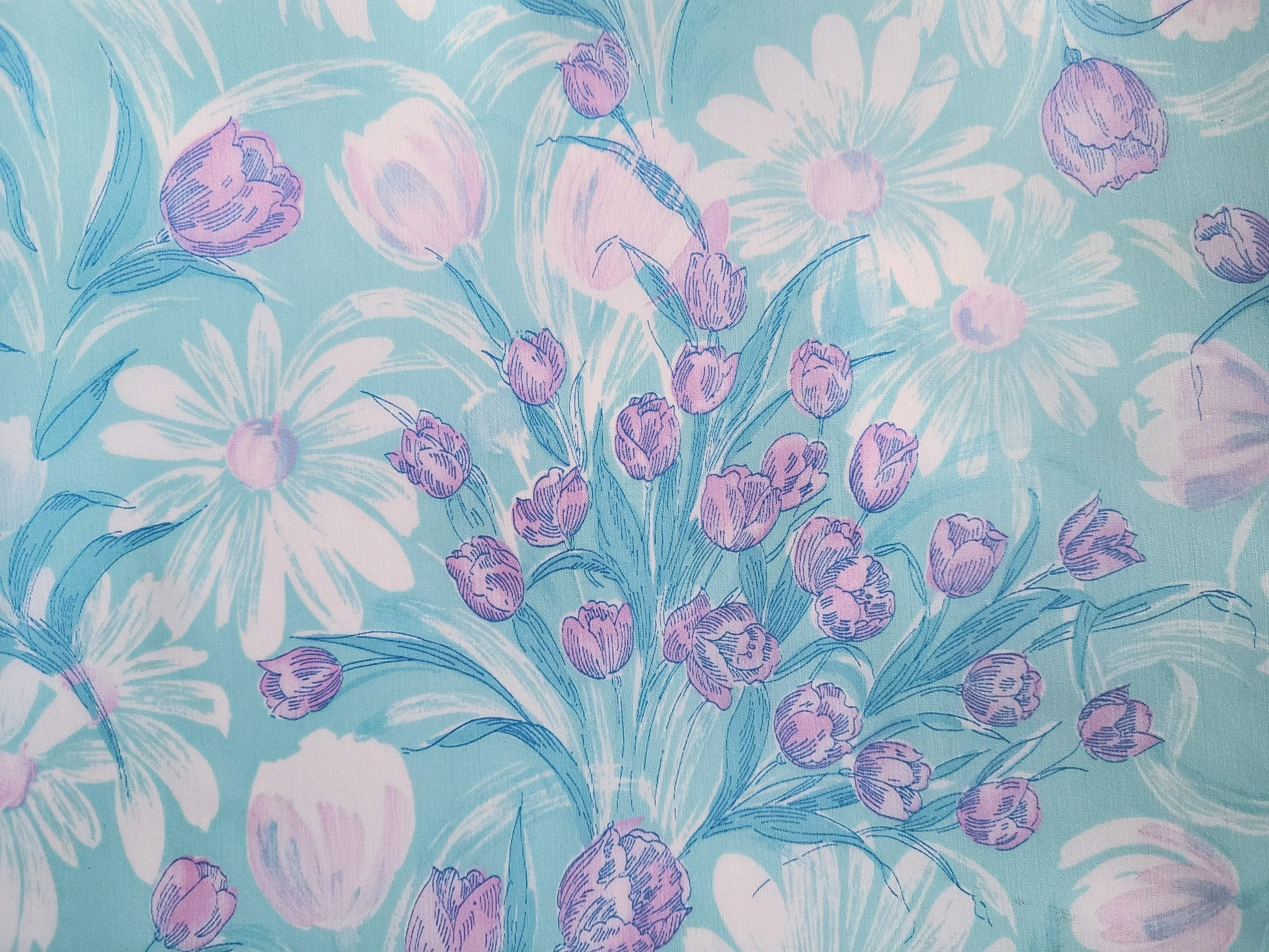 Vintage Fabric - Cotton - Sky Blue Floral - Fabric Remnant - VCL556