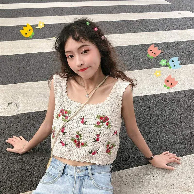 Vintage Flower Embroidered Kintted Vest