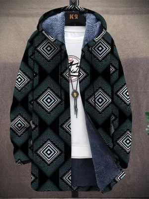 Vintage Geometric Pattern Hooded Two-Pocket Fleece Jacket