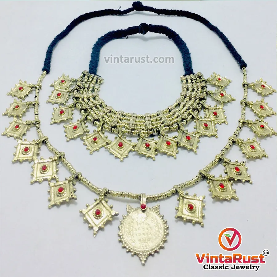 Vintage Golden Two Coins Necklaces Jewelry Set