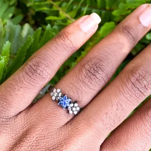 Vintage-Inspired Sapphire & Diamond Floral Silver Ring (Size 7)