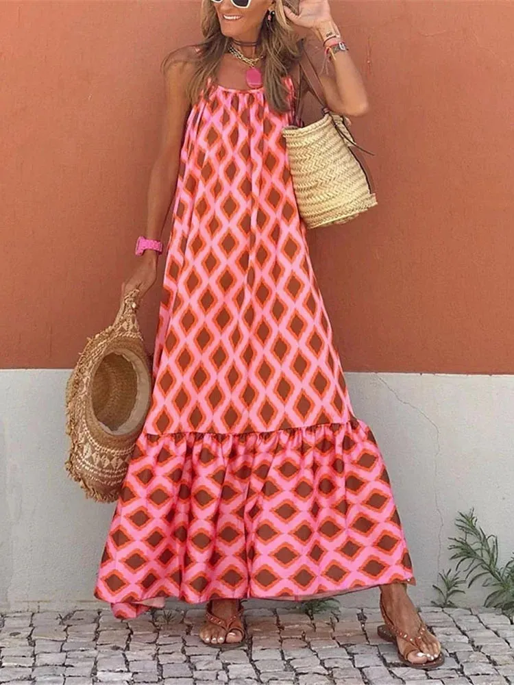 Vintage Long Dress Women Summer Sleeveless Sexy Off Shoulder Sling Dress Ladies  Backless Summer Maxi Dress Boho Robe Femme
