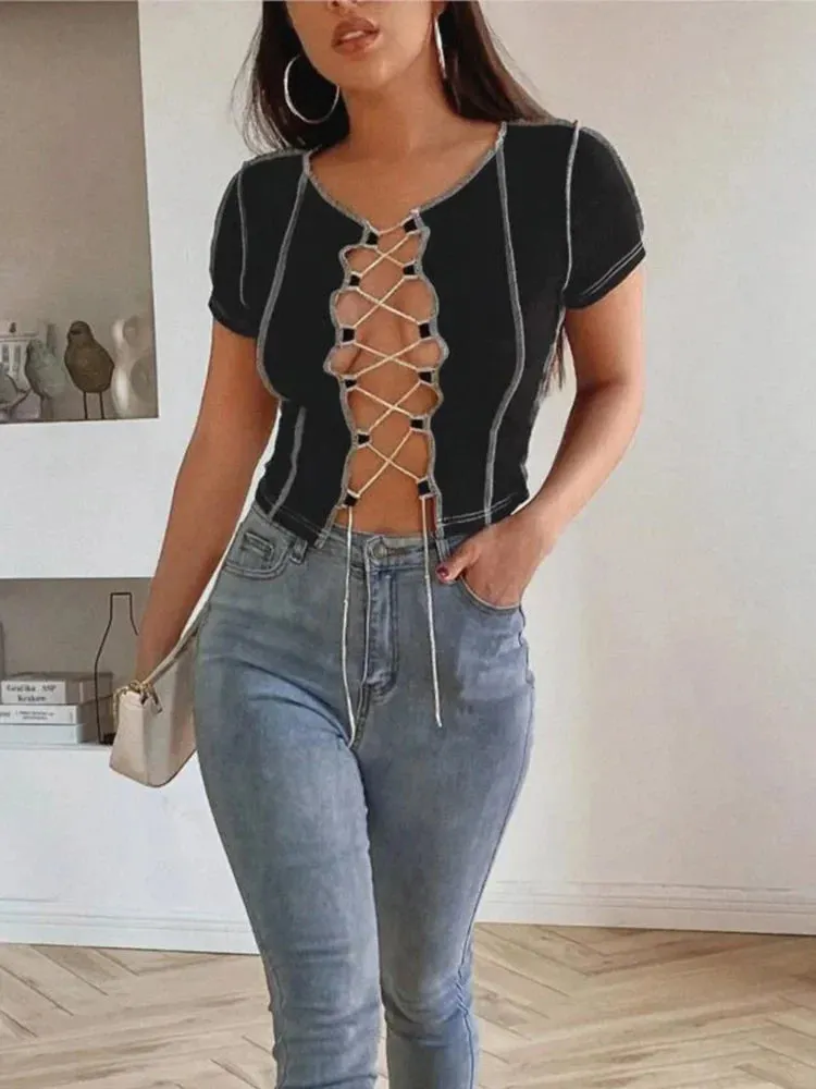 Vintage Patchwork Punk Style Female Short Sleeve Tee