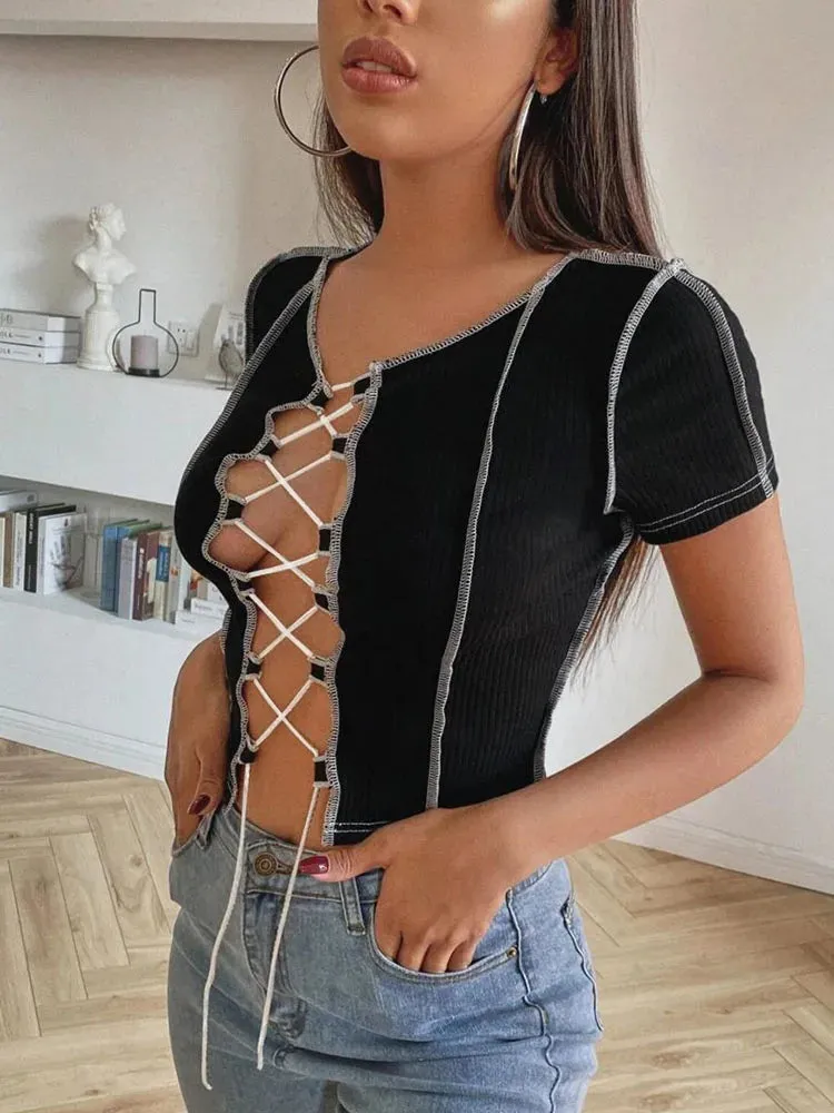 Vintage Patchwork Punk Style Female Short Sleeve Tee