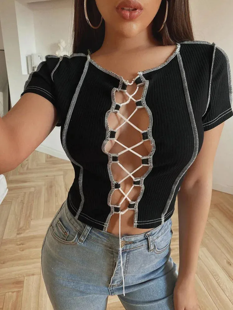 Vintage Patchwork Punk Style Female Short Sleeve Tee