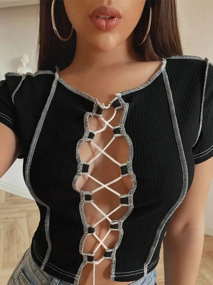 Vintage Patchwork Punk Style Female Short Sleeve Tee