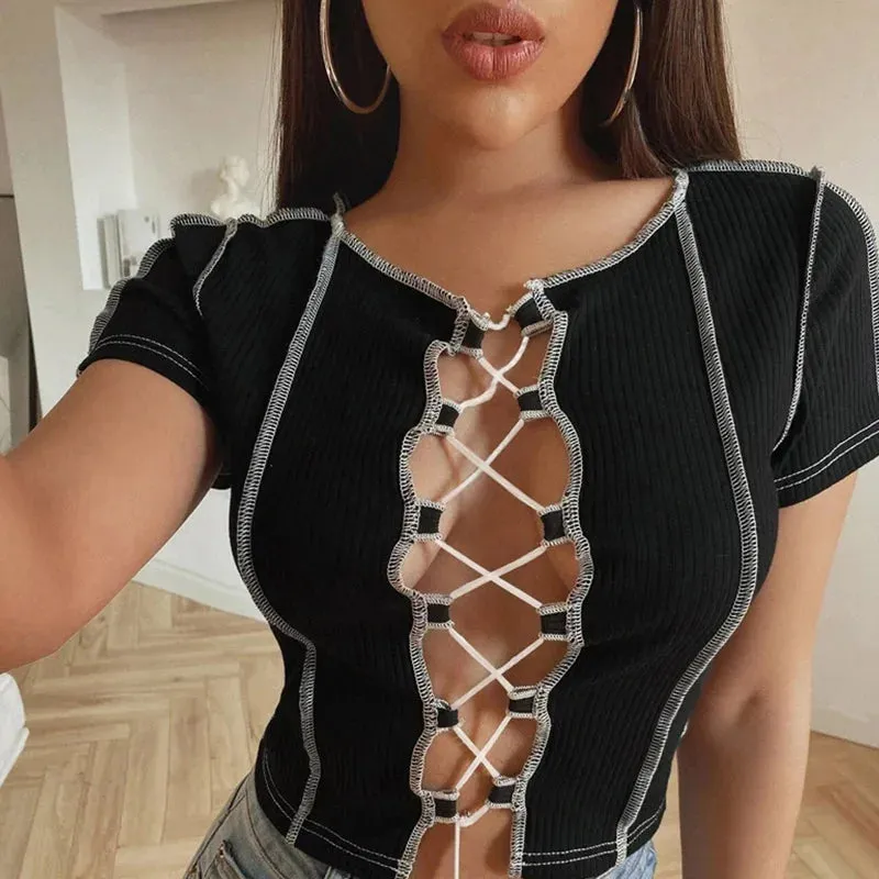 Vintage Patchwork Punk Style Female Short Sleeve Tee