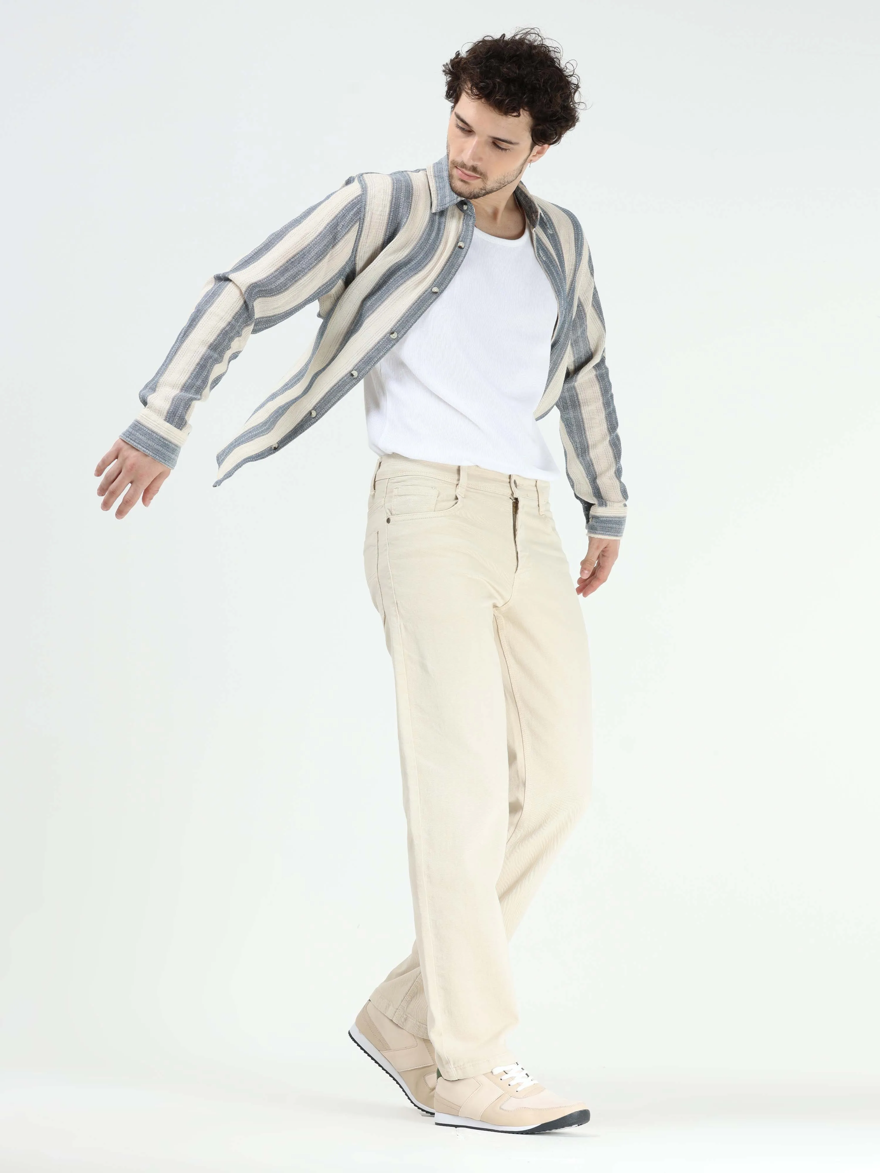 Vintage Relaxed Fit Beige Cotton Denim