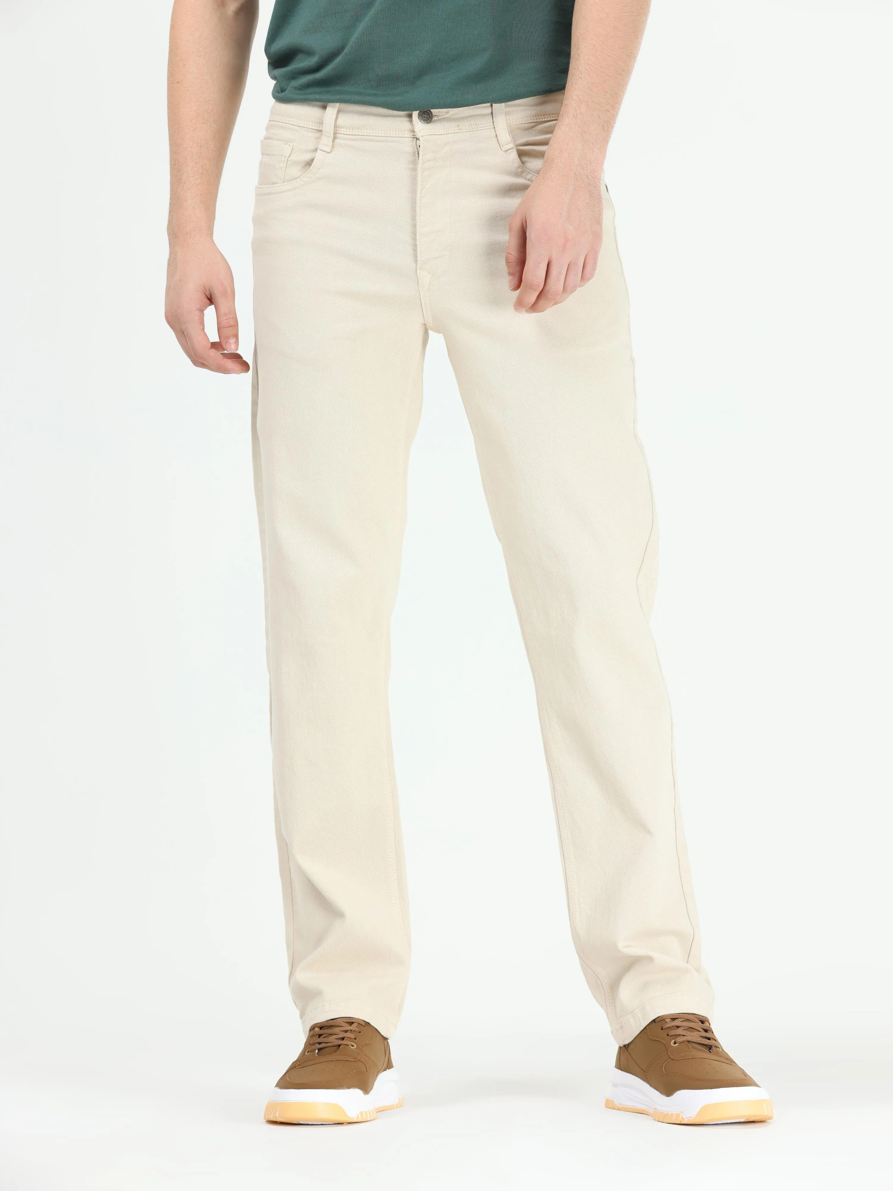 Vintage Relaxed Fit Beige Cotton Denim
