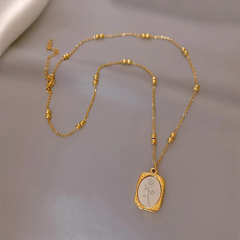 Vintage Style Glass Mirror Rose Flower Pendant Stainless Steel Necklaces