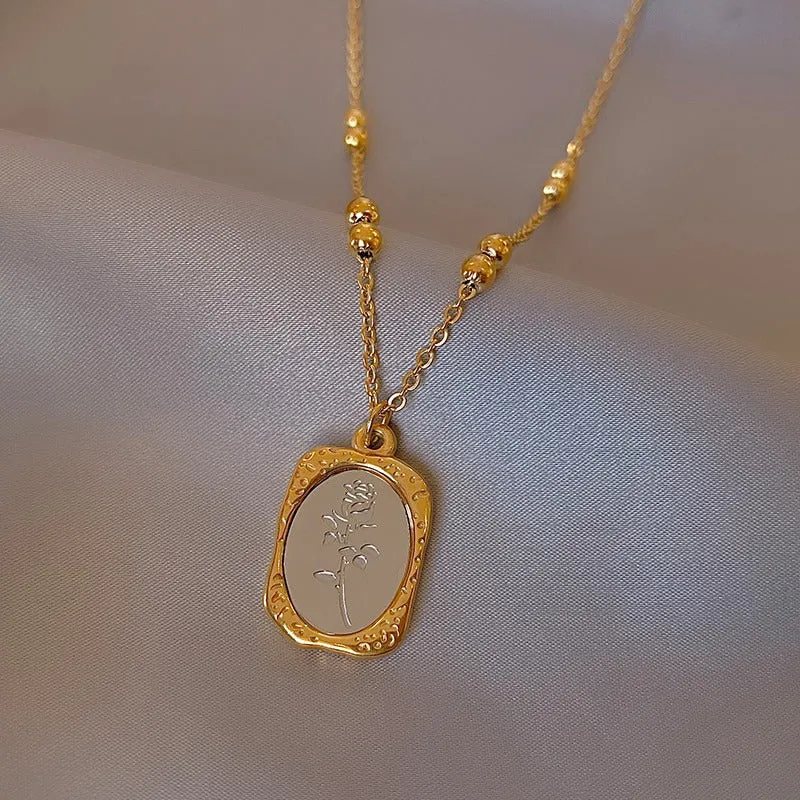 Vintage Style Glass Mirror Rose Flower Pendant Stainless Steel Necklaces