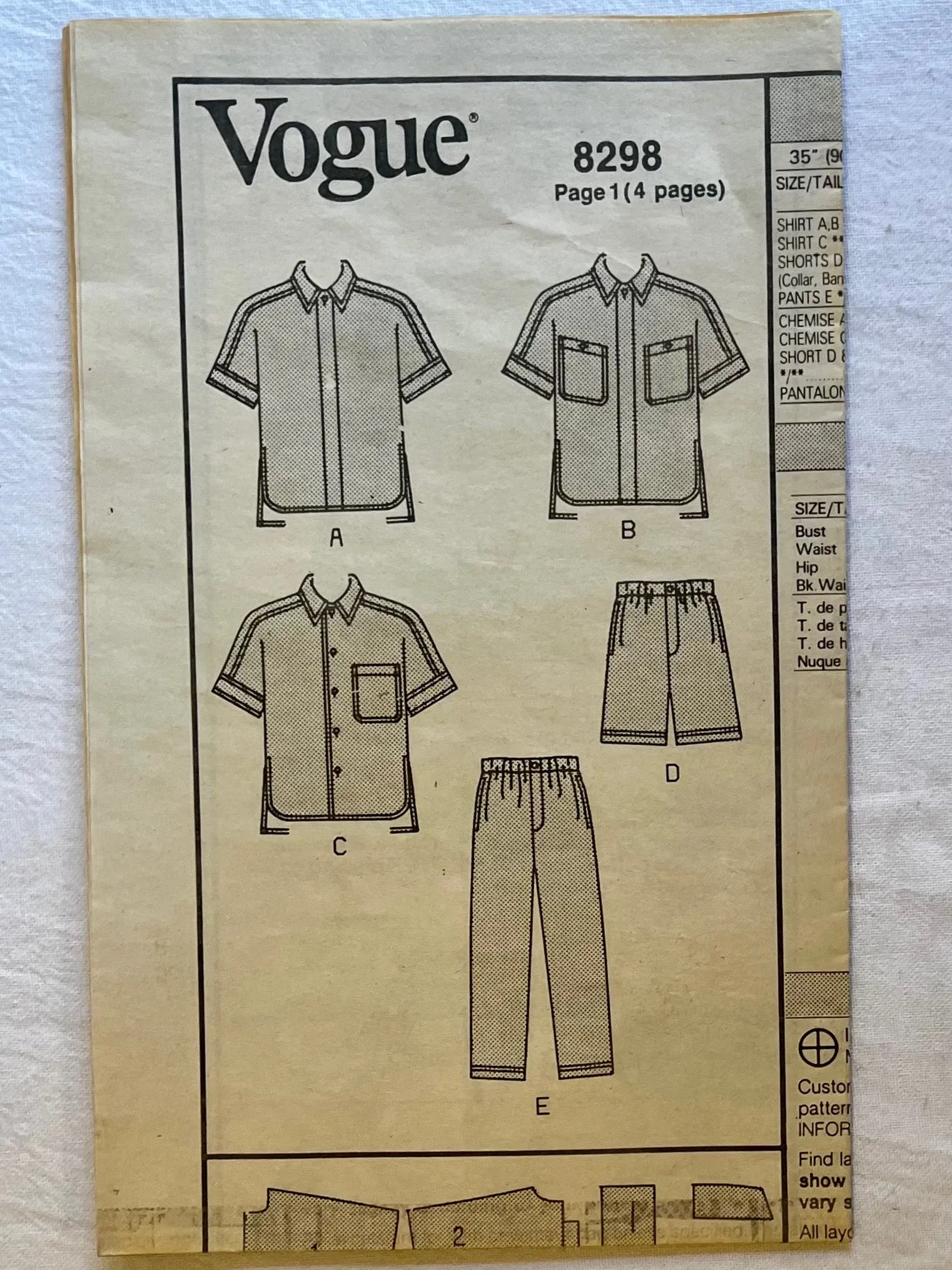 Vogue 8298 CUT Men's Wear Size XS