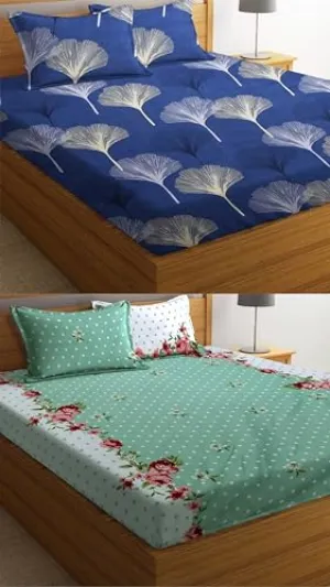 VORDVIGO Combo Pack of 2 Super Soft Elastic Fitted Glace Cotton Double Bedsheets with 4 Pillow Covers Size-72x72 8 inches, Multicolor (Model no.-102)
