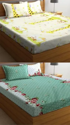 VORDVIGO Combo Pack of 2 Super Soft Elastic Fitted Glace Cotton Double Bedsheets with 4 Pillow Covers Size-72x72 8 inches, Multicolor (Model no.-1)