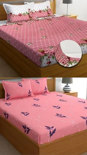 VORDVIGO Combo Pack of 2 Super Soft Elastic Fitted Glace Cotton Double Bedsheets with 4 Pillow Covers Size-72x72 8 inches, Multicolor (Model no.-37)