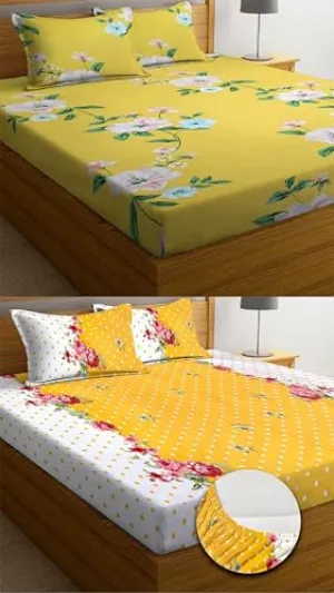 VORDVIGO Combo Pack of 2 Super Soft Elastic Fitted Glace Cotton Double Bedsheets with 4 Pillow Covers Size-72x72 8 inches, Multicolor (Model no.-43)