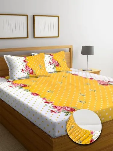 VORDVIGO Combo Pack of 2 Super Soft Elastic Fitted Glace Cotton Double Bedsheets with 4 Pillow Covers Size-72x72 8 inches, Multicolor (Model no.-43)