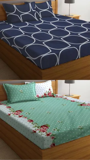 VORDVIGO Combo Pack of 2 Super Soft Elastic Fitted Glace Cotton Double Bedsheets with 4 Pillow Covers Size-72x72 8 inches, Multicolor (Model no.-52)