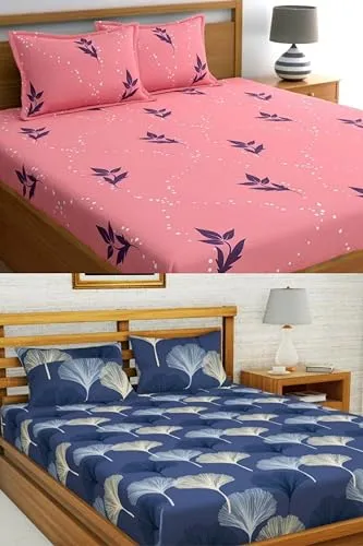 VORDVIGO Combo Pack of 2 Super Soft Elastic Fitted Glace Cotton Double Bedsheets with 4 Pillow Covers_Size-72 x 78   8 Inches, Multicolor (Model no.-80)