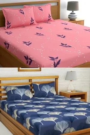 VORDVIGO Combo Pack of 2 Super Soft Elastic Fitted Glace Cotton Double Bedsheets with 4 Pillow Covers_Size-72 x 78   8 Inches, Multicolor (Model no.-80)