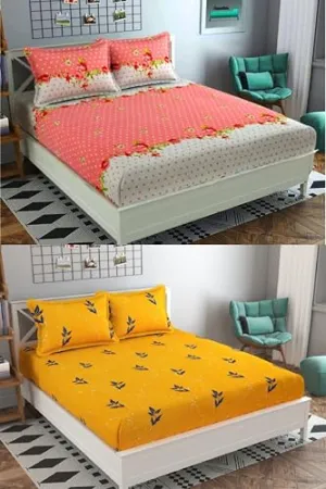VORDVIGO Combo Pack of 2 Super Soft Elastic Fitted Glace Cotton Double Bedsheets with 4 Pillow Covers_Size-72x72 8 inches, Multicolor (Model no.-36)