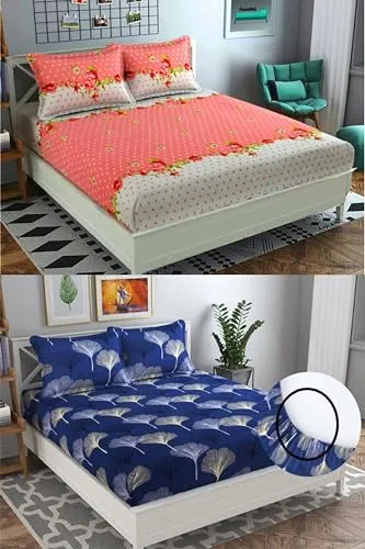 VORDVIGO Combo Pack of 2 Super Soft Elastic Fitted Glace Cotton Double Bedsheets with 4 Pillow Covers_Size-72x72 8 inches, Multicolor (Model no.-40)