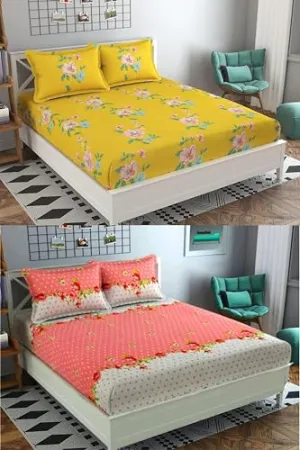 VORDVIGO Combo Pack of 2 Super Soft Elastic Fitted Glace Cotton Double Bedsheets with 4 Pillow Covers_Size-72x72 8 inches, Multicolor (Model no.-44)