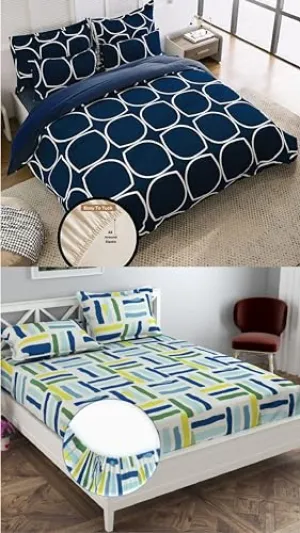 VORDVIGO Combo Pack of 2 Super Soft Elastic Fitted Glace Cotton Double Bedsheets with 4 Pillow Covers_Size-72x72 8 inches, Multicolor (Model no.-58)