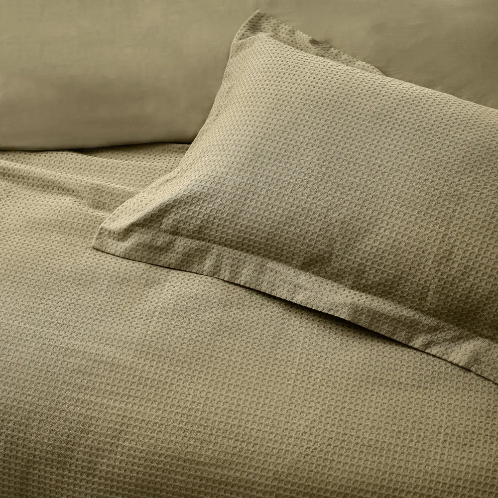 Waffle Textured 100% Cotton Duvet Cover Set Olive