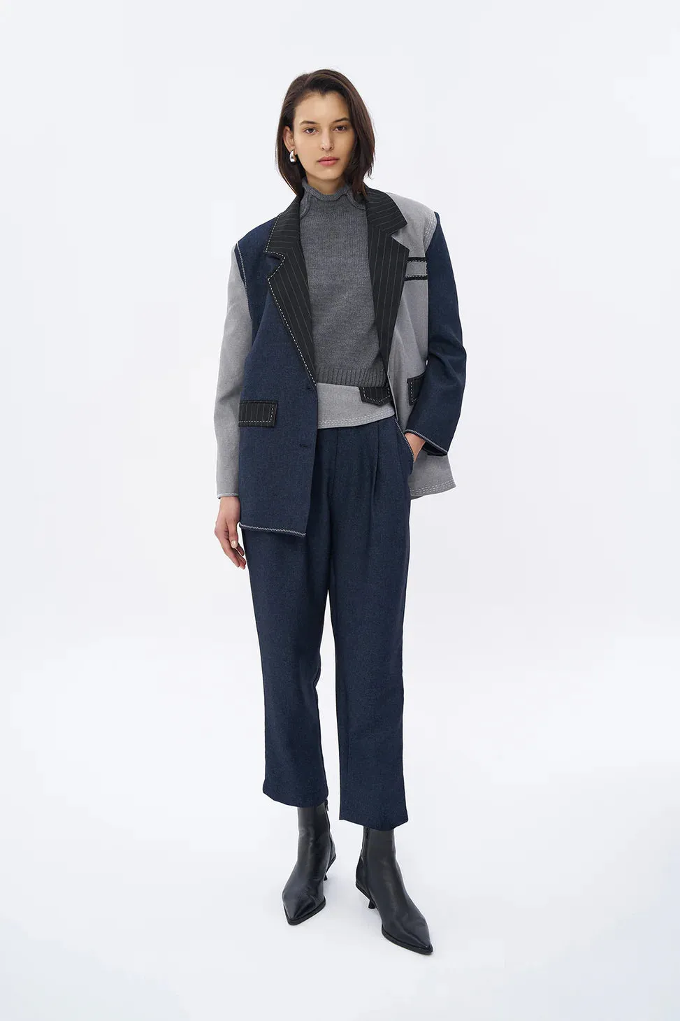Waist Detailed Stitched Trousers Navy Blue