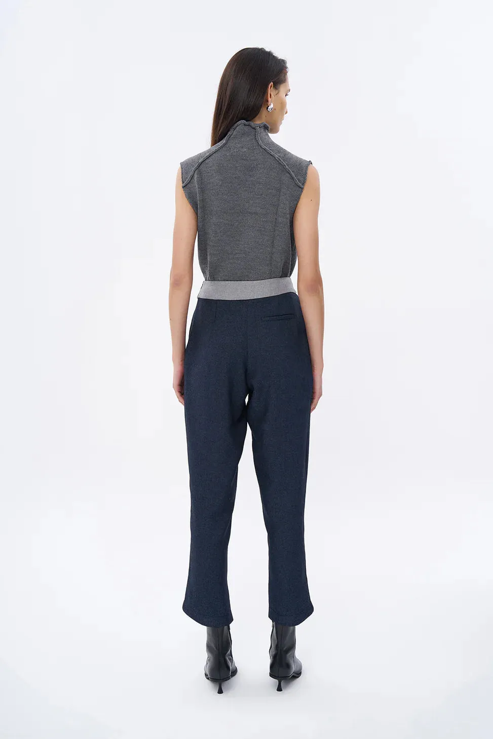 Waist Detailed Stitched Trousers Navy Blue