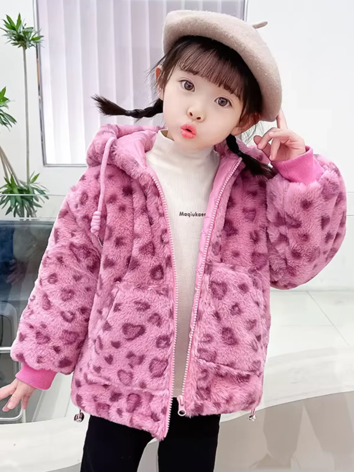 Warm Pink Leopard Hooded Fleece Coat