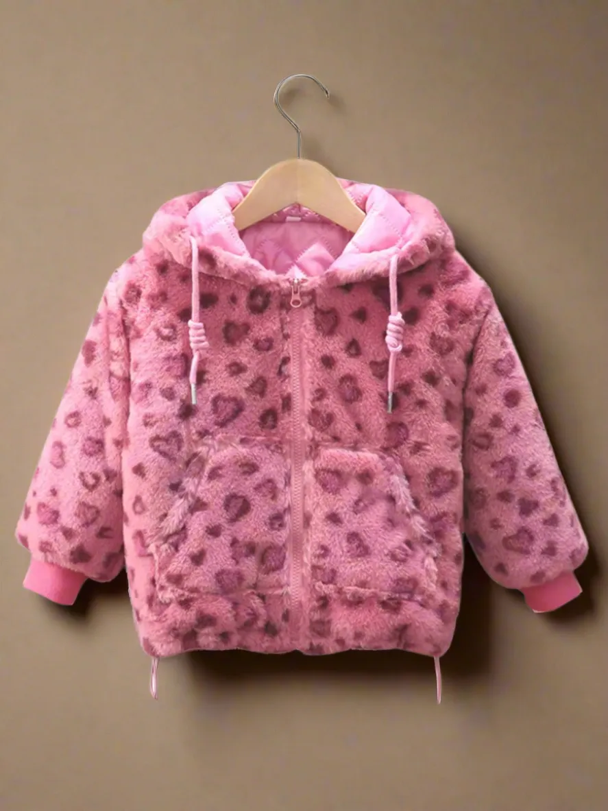 Warm Pink Leopard Hooded Fleece Coat