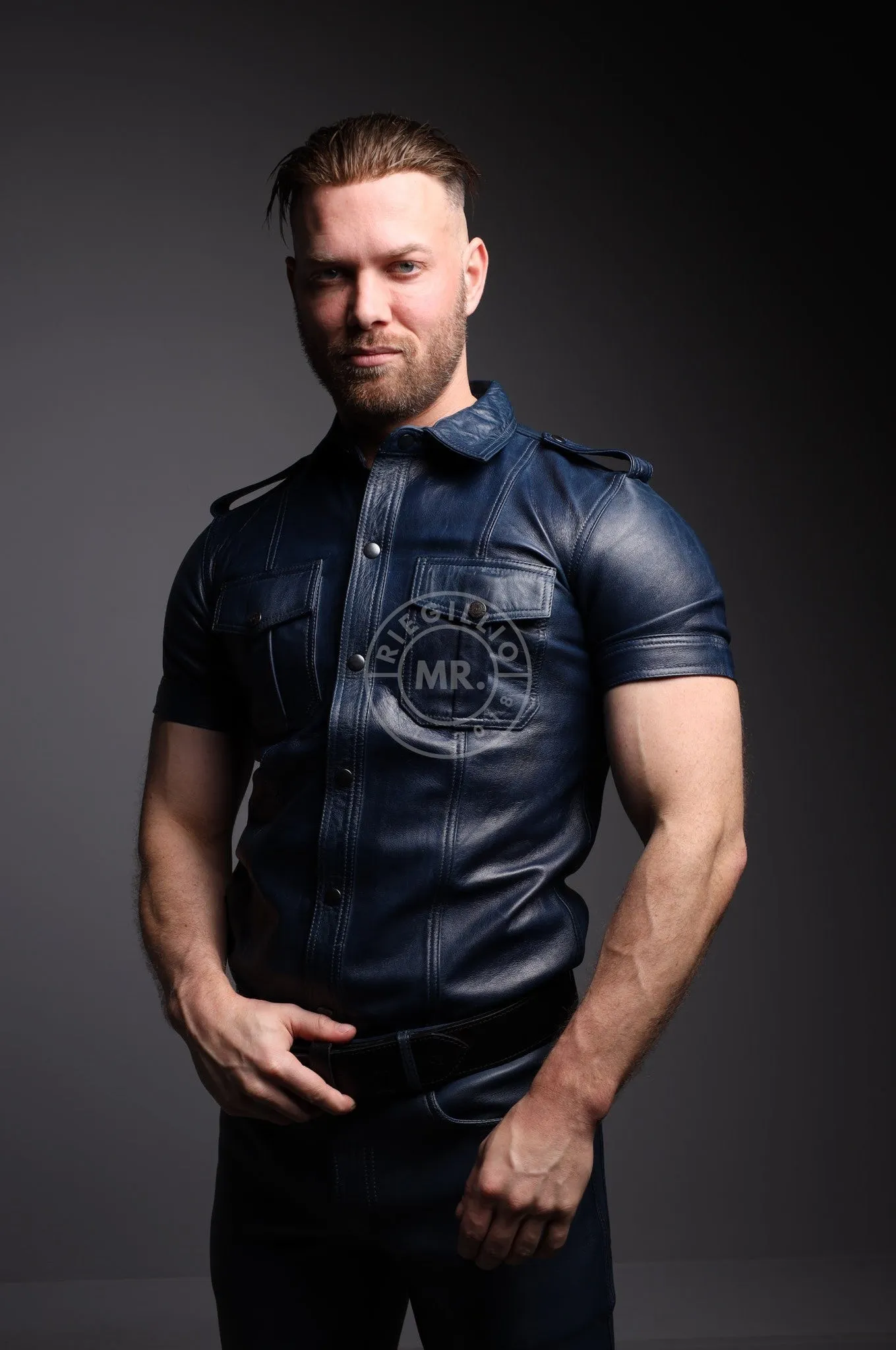 Washed Jeans Blue Leather Shirt