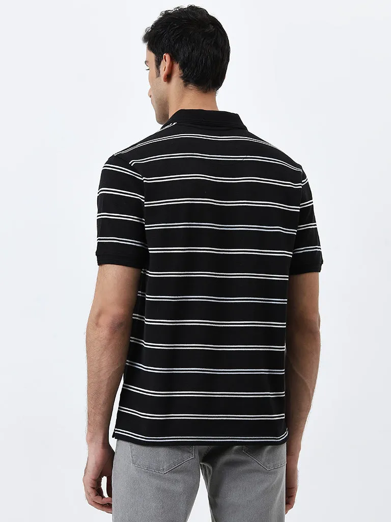 WES Casuals Black Striped Relaxed-Fit Polo T-Shirt