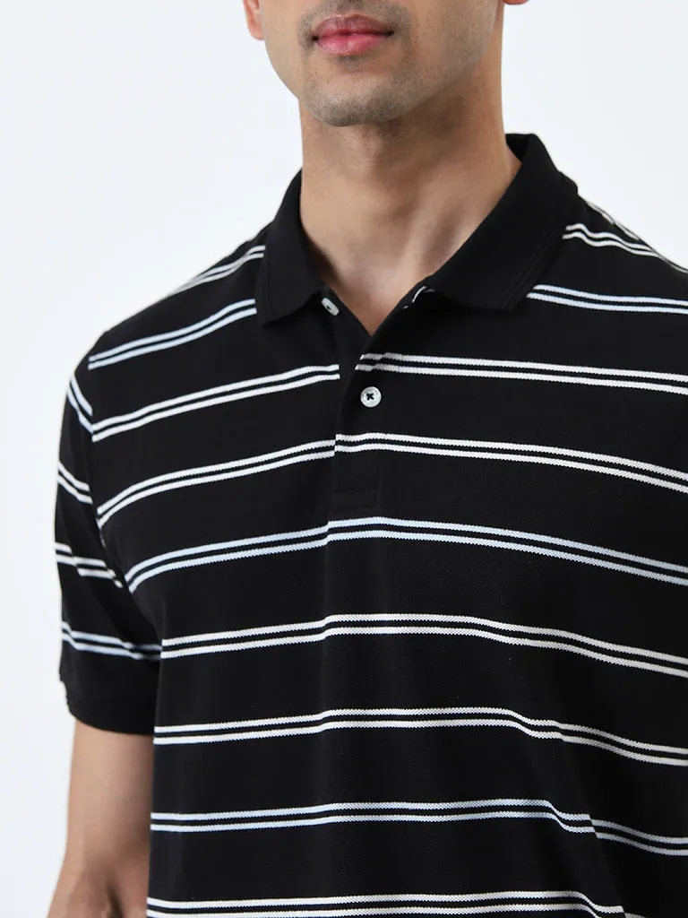 WES Casuals Black Striped Relaxed-Fit Polo T-Shirt