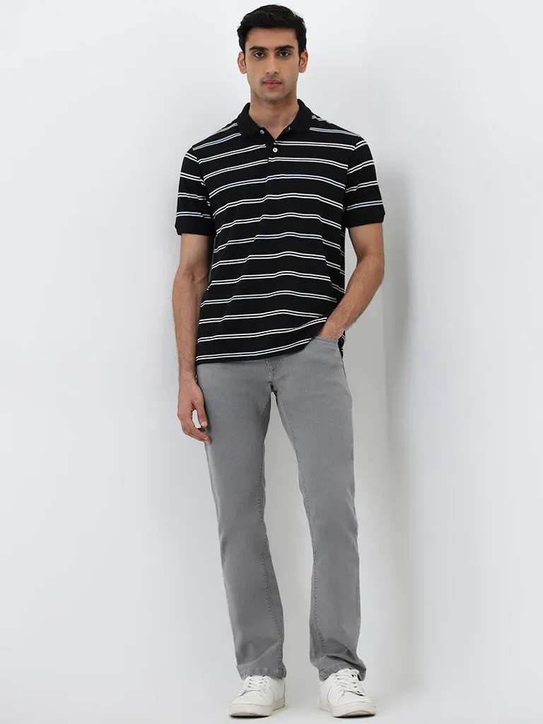 WES Casuals Black Striped Relaxed-Fit Polo T-Shirt