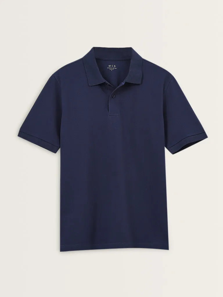 WES Casuals Dark Blue Relaxed-Fit Cotton Blend Polo T-Shirt