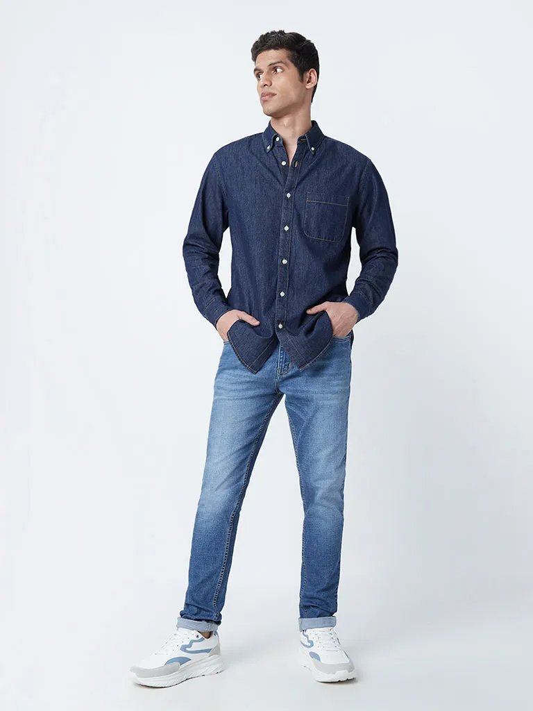 WES Casuals Dark Blue Relaxed-Fit Denim Shirt