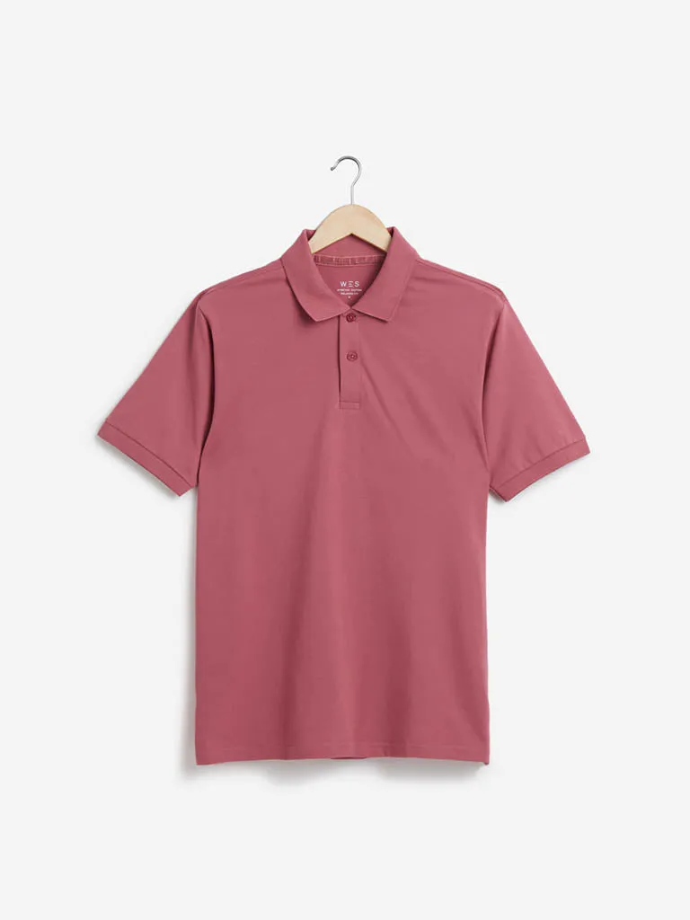 WES Casuals Mauve Cotton Blend Relaxed-Fit Polo T-Shirt