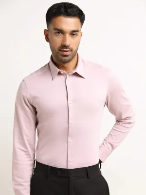WES Formals Light Pink Solid Cotton Blend Slim Fit Shirt
