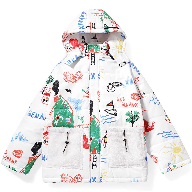 White Cartoon Graffiti Patchwork Pocket Padded Coat