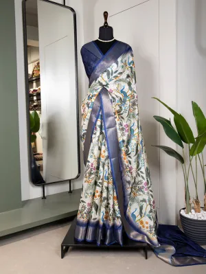White Color Printed With Zari Border Dola Silk Saree