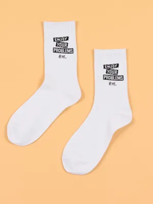 White Crew Socks Enjoy Your Problems Bye Silly Socks for Women Funky Socks Funny