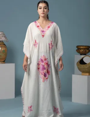 White Floral Aari Embroidered Summer Cotton Kaftan